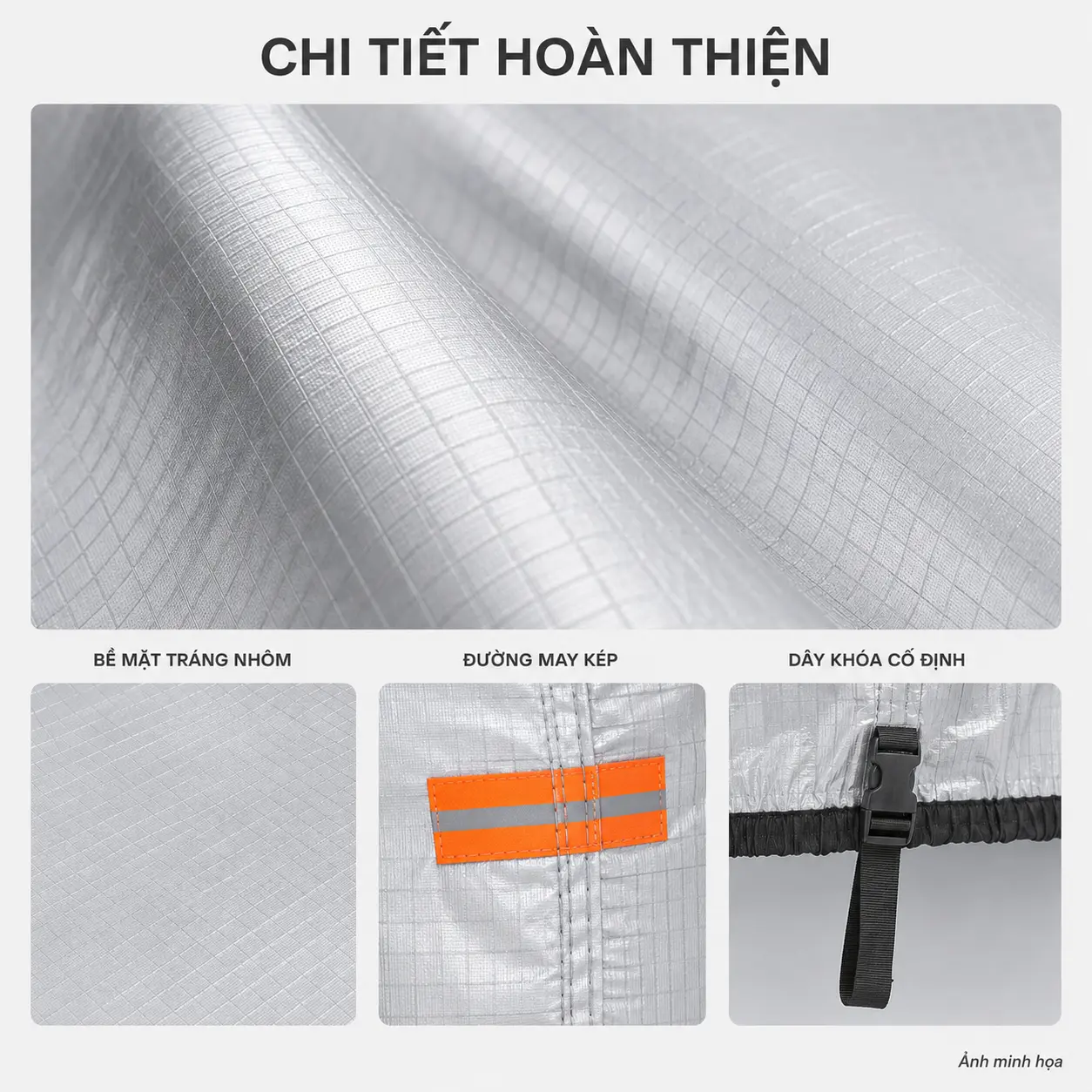 Chi tiết bề mặt, đường may và dây khóa bạt phủ ô tô